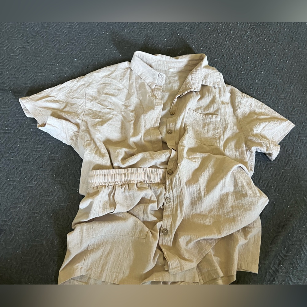 Beige Crinkle Two Piece Short Set